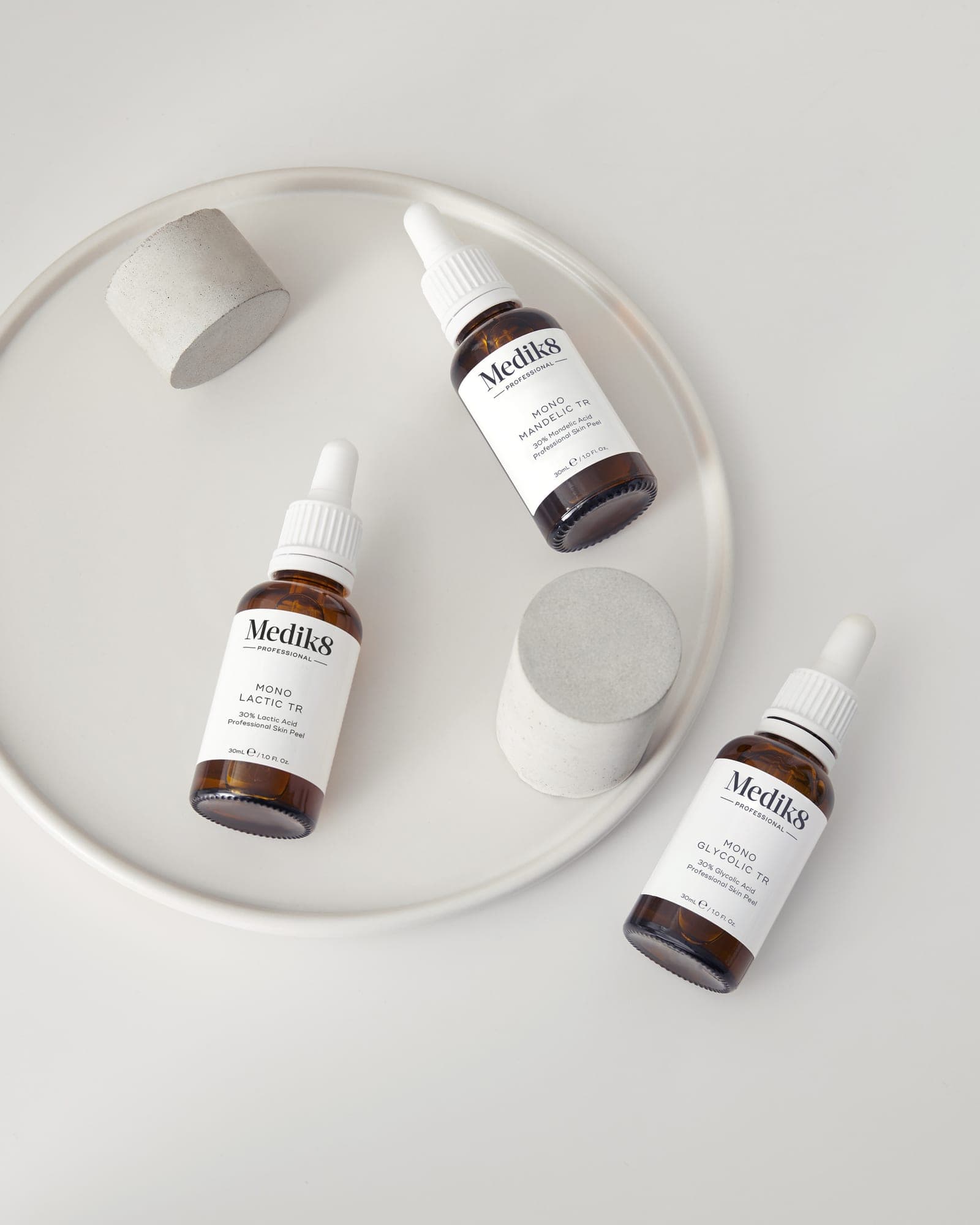 Medik8 professional peel bottles on a white table