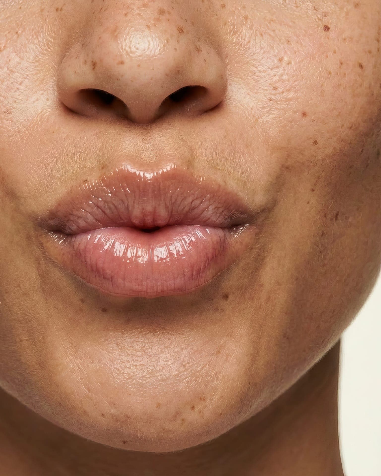 A close-up of softly glossed lips